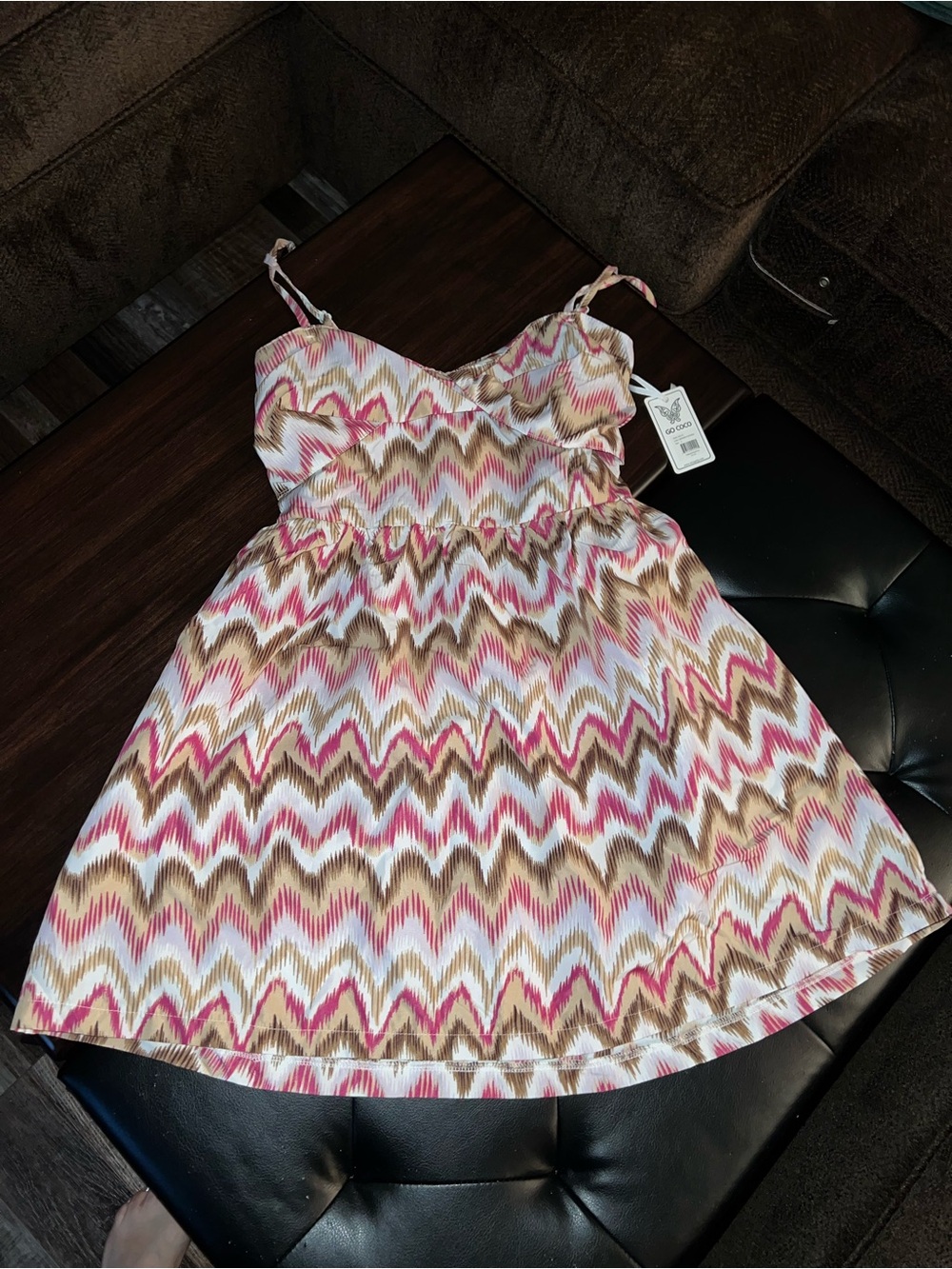 Women’s Summer Sun Dress Chevron Spaghetti-Strap Dress in Pink and Brown